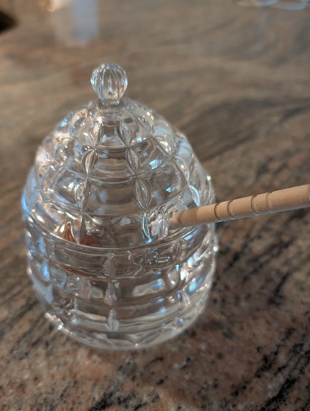 Crystal Glass Honey Jar with Wooden Dipper - Clear